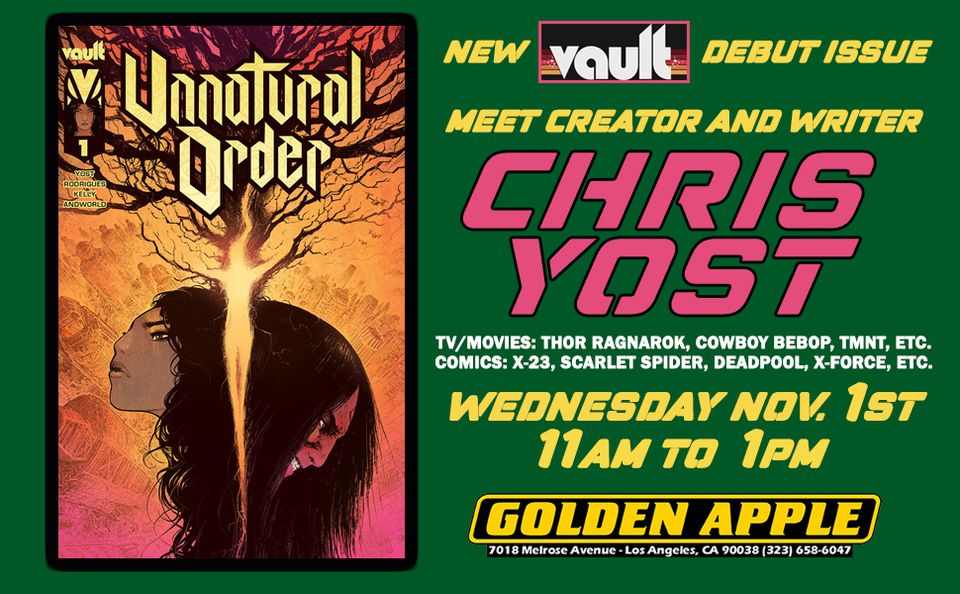 A poster for chris yost at the golden apple.