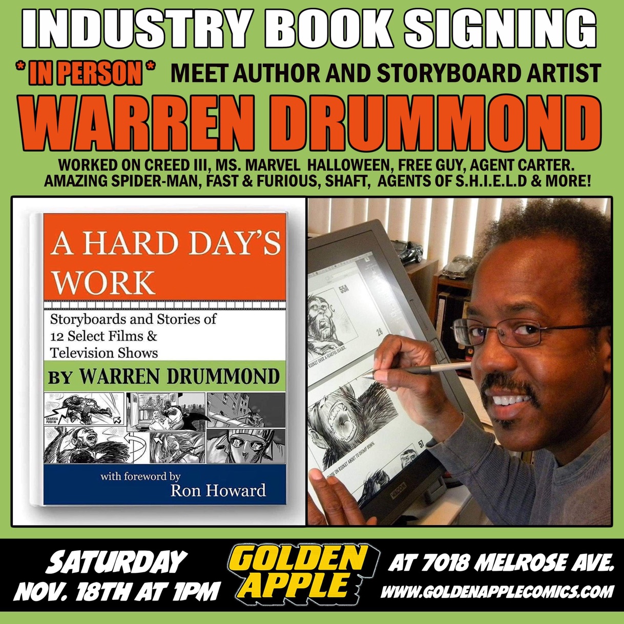 A poster for a book signing with warren drummond.