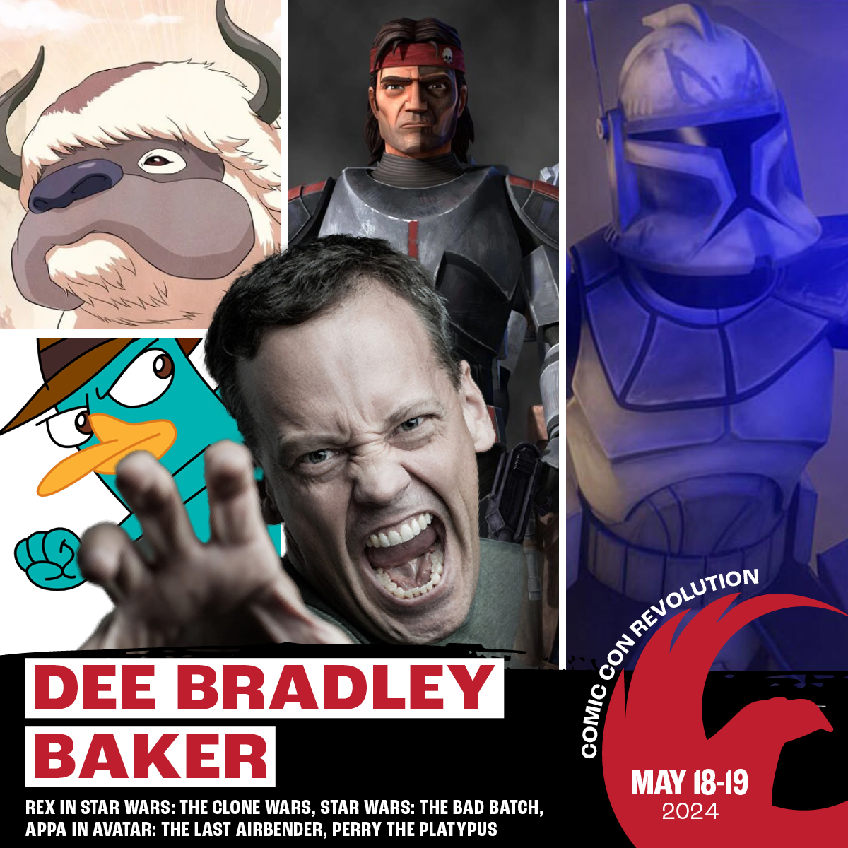Dee bradley and star wars characters in a poster.