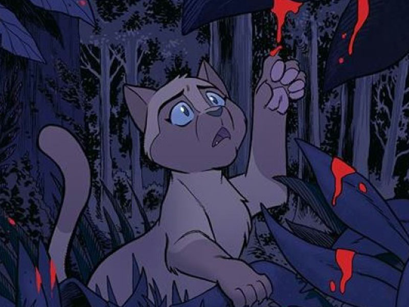 An illustrated image of a concerned-looking cat in a dark forest with red droplets on the leaves.