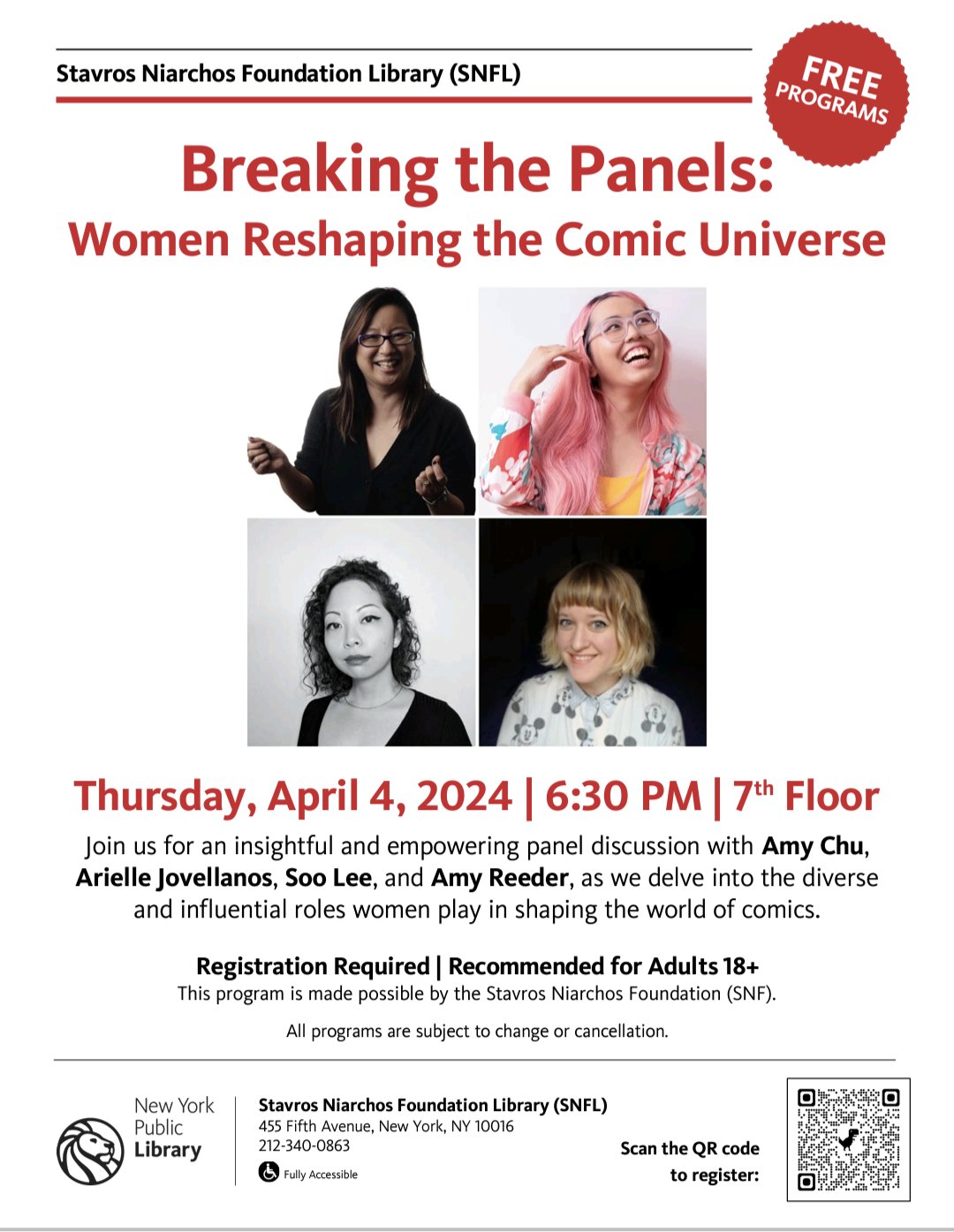 Promotional flyer for the "breaking the panels: women reshaping the comic universe" panel discussion event at stavros niarchos foundation library.