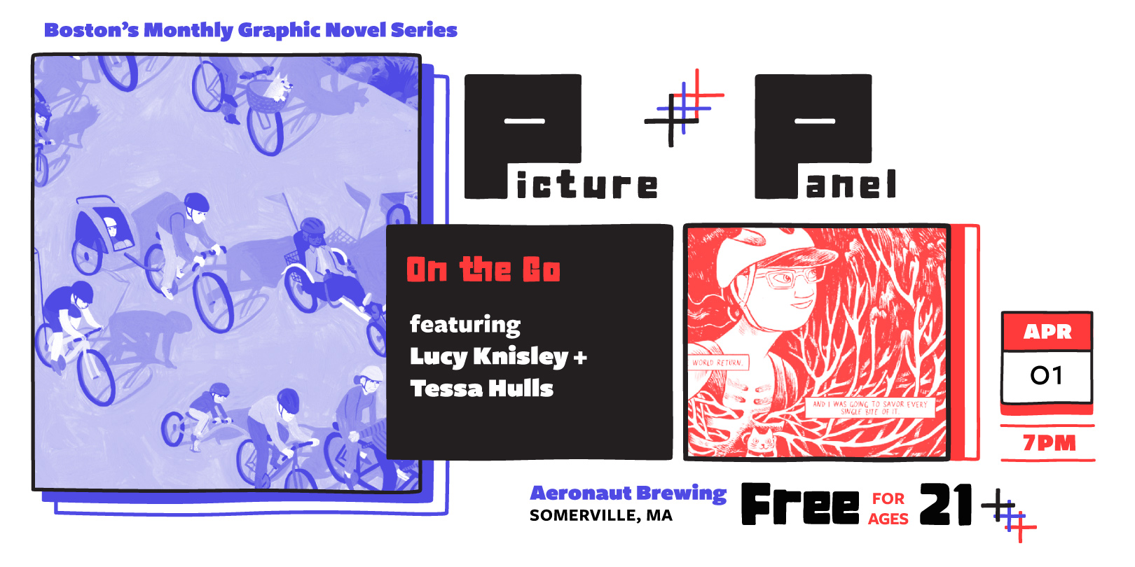 Promotional graphic for boston's monthly graphic novel series event "picture panel: on the go" featuring lucy knisley and tessa hulls at aeronaut brewing in somerville, ma on april 1st, 7 pm, free for ages 21 and up.