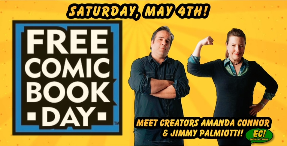 Two comic book creators, one male and one female, pose next to a "free comic book day" sign, with event details for may 4th.