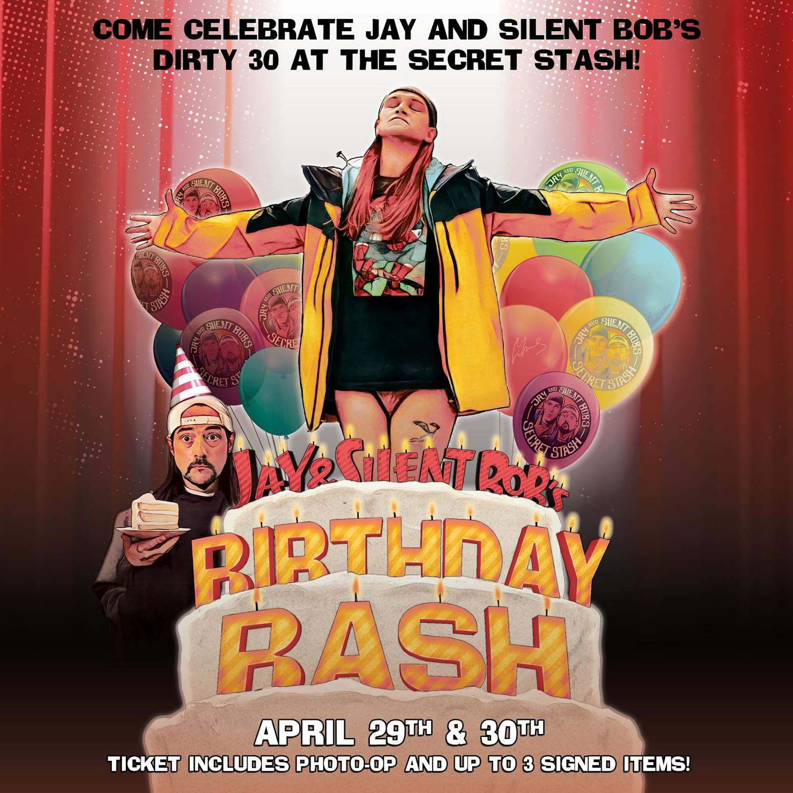 Promotional poster for jay and silent bob's birthday bash event with dates and offer details included.