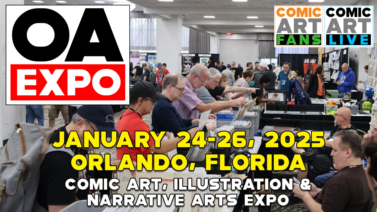 Promotional poster for the oa comic art expo featuring a crowded room of attendees, happening january 24-26, 2025, in orlando, florida.