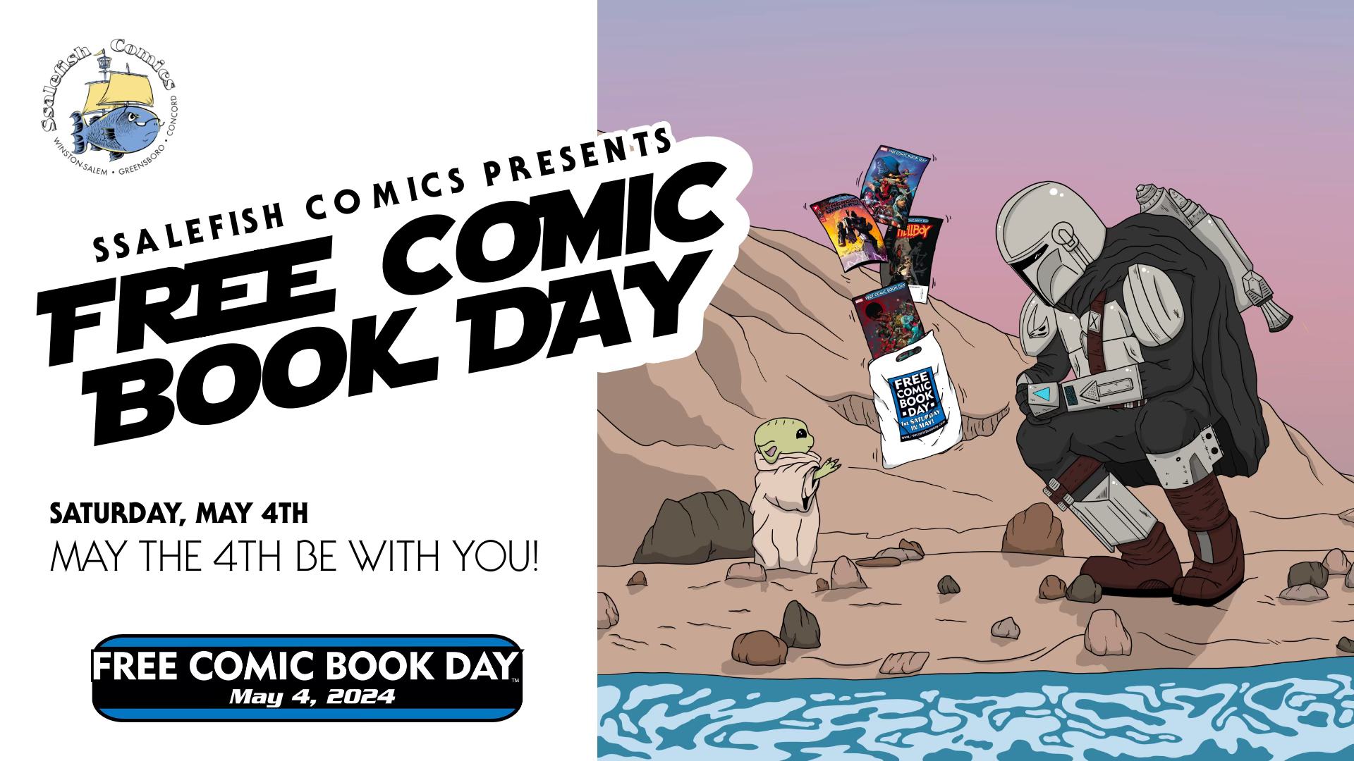 Promotional image for free comic book day on may 4, 2024, featuring a cartoon of a space warrior and an alien on a rocky terrain, holding comic books, with event details included.
