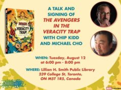 ON – The Avengers in the Veracity Trap Signing | Aug 12th Promotional poster for a talk and signing of "The Avengers in the Veracity Trap" with Chip Kidd and Michael Cho at Lillian H. Smith Public Library, Toronto, on August 12, 6-8 pm.
