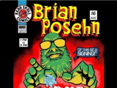 AB – Brian Posehn Signing | Aug 16th Comic-style poster for a Brian Posehn signing event at Red Skull Comics on August 16, 1-3 PM, featuring a green caricature of Posehn and comic characters below.