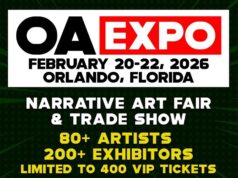 New OAX 2026 Announcements Promotional graphic for OA Expo, February 20-22, 2026 in Orlando, Florida; features narrative art fair, 80+ artists, 200+ exhibitors, and 400 VIP tickets available.