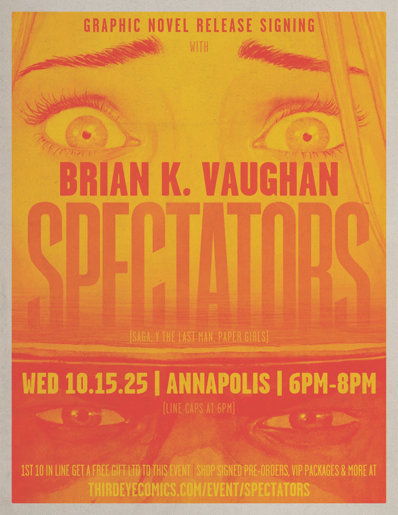 Poster for a graphic novel signing event featuring Brian K. Vaughan for "Spectators" on October 15, 2025, in Annapolis from 6–8pm, with event details and website at the bottom.