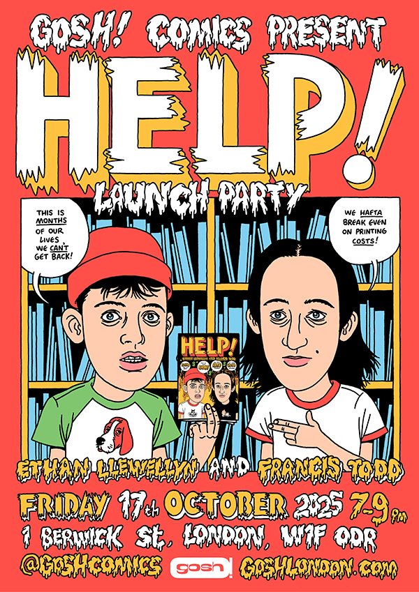 Illustrated poster for a comic launch party featuring two cartoon characters, event details, and comic book cover art with bold yellow "HELP!" text in the background.