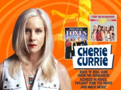 NorthEast ComicCon Welcomes Cherie Currie Cherie Currie stands in front of a collage featuring The Runaways, Foxes, Twilight Zone: The Movie, and Northeast Comic Con logos, highlighting her music and acting career.