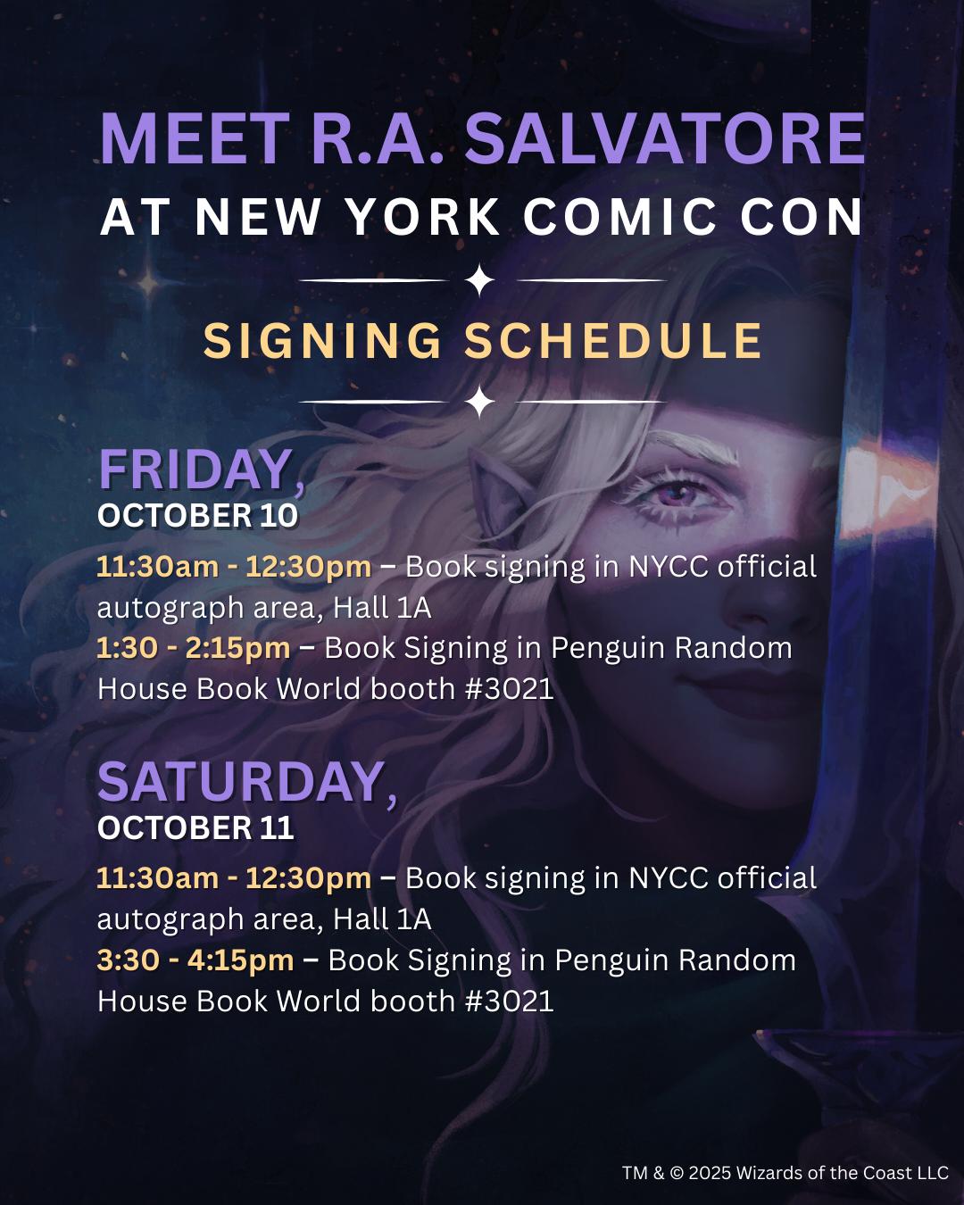 New York Comic Con signing schedule for R.A. Salvatore with dates, times, and locations on a purple background with a fantasy illustration.