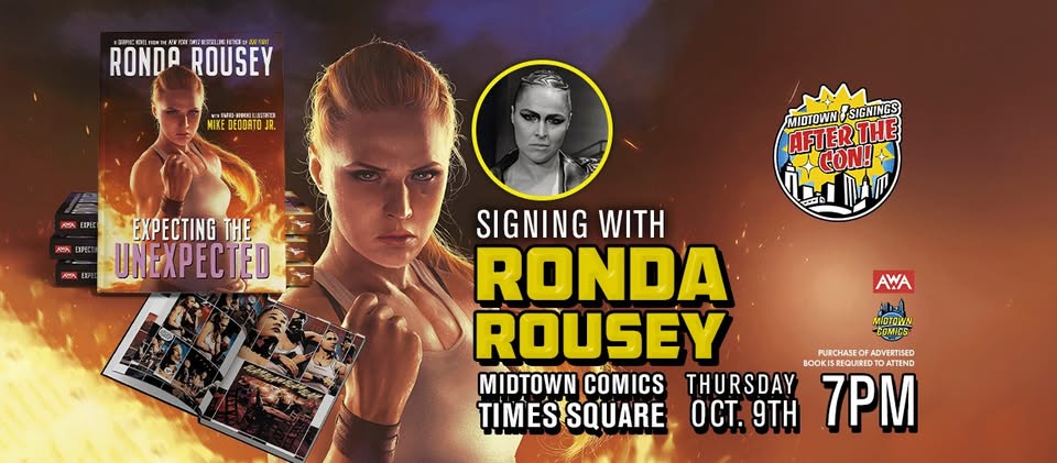 Promotional banner for a book signing event with Ronda Rousey at Midtown Comics Times Square, scheduled for Thursday, October 9th at 7 PM.