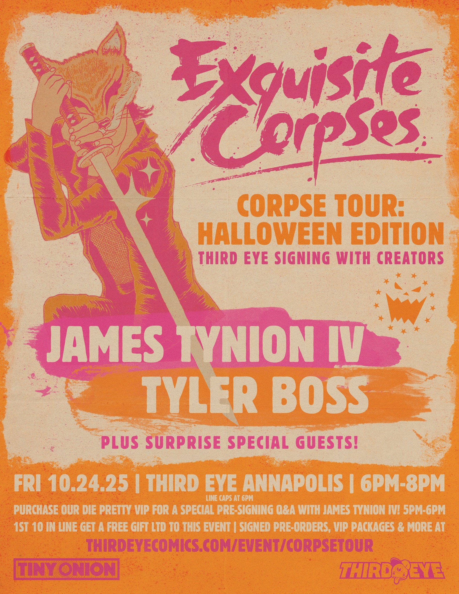 Poster for "Exquisite Corpses: Corpse Tour Halloween Edition" featuring James Tynion IV and Tyler Boss at Third Eye Annapolis on October 24, 2025, from 6-8pm.
