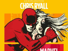 SF – Toon Talk: Daredevil: Born Again | Nov 18th Comic book-style illustration of a superhero in red holding a frightened woman, with text above reading "Chris Ryall" and "Marvel" against a yellow background.