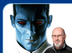 Author Timothy Zahn Returns to Comic Con Revolution 2025 A portrait of Timothy Zahn is shown beside an illustration of the blue-skinned, red-eyed character Thrawn. Event details and book titles are listed below.