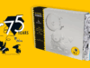 CA – The Essential Peanuts Signing | Nov 15th A silver Peanuts comic box set with embossed characters is displayed on a yellow background, featuring a 75 years anniversary graphic and illustrations of children with a kite.