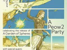 UK – A Garden of Spheres Signing | Nov 13th Illustrated poster featuring a woman in ancient attire with a tree and celestial objects, promoting the release of "A Garden of Spheres" at a Peow2 Party.