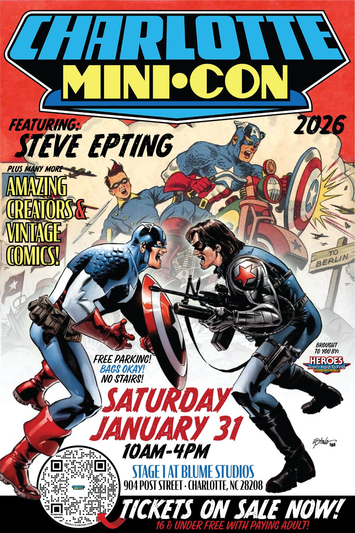 Poster for Charlotte Mini-Con 2026 featuring two comic book characters fighting, with event details for Saturday, January 31, at Stage 1 at Blume Studios, Charlotte, NC.