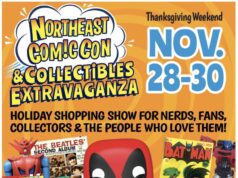 NorthEast ComicCon 2025 Schedule Colorful poster for Northeast Comic Con & Collectibles Extravaganza, happening Nov. 28-30, promoting comics, toys, cosplay, guests, and family activities at Boxboro Regency.