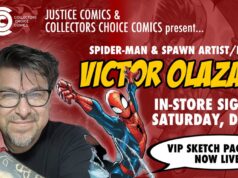 AZ – Victor Olazaba Signing | Dec 13th Comic artist Victor Olazaba holds Spawn comics next to event details for an in-store signing on Saturday, Dec 13, with VIP sketch packages advertised.