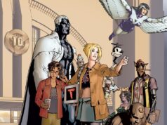 IL – Draw Yourself As A Superhero Workshop | Dec 18th A group of diverse superheroes and characters stand together in front of a modern building; one woman points forward while another character flies above with wings.