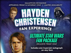 Hayden Christensen Appears at GalaxyCon Richmond 2026 Promotional poster for the Hayden Christensen Fan Experience at GalaxyCon Richmond, featuring Star Wars imagery and details about an $800 fan package.