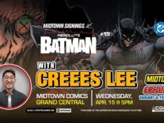 NYC – Absolute Batman #19 Variant Signing | Apr 15th Promotional banner for a Batman comic signing event with Creees Lee at Midtown Comics Grand Central on April 15 at 5 PM, featuring Batman artwork and event details.