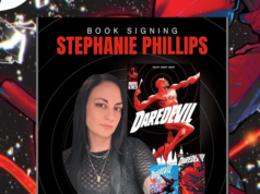 TX – Daredevil #1 Signing | Apr 11th Promotional poster for a book signing event with Stephanie Phillips, featuring Daredevil comic book covers. Event is on Saturday, April 11, 2026.