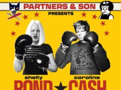 PA – Cash Bond Signing | Mar 21st Two people wearing boxing gloves pose in front of a yellow background with red stars. Text promotes an event featuring Shelly Bond and Caroline Cash in conversation in Philadelphia.