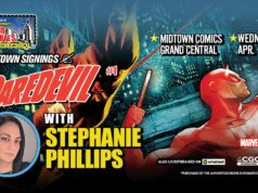 NYC – Daredevil #1 Signing | Apr 1st Promotional banner for Midtown Comics' Daredevil #1 signing event with Stéphanie Phillips on April 1 at 5pm, featuring Daredevil artwork and event details.
