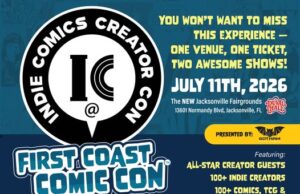 IC3 Jacksonville Open for Artist Applications Promotional flyer for First Coast Comic Con on July 11, 2026, featuring event info, location, and a call for indie comic creators to apply at IC3.ART.