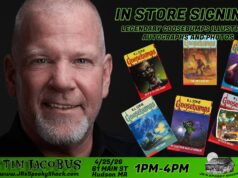 MA – Goosebumps Artist Signing | Apr 25th A promotional graphic featuring Tim Jacobus for an in-store signing event, with Goosebumps book covers and event details on a green and black background.