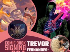 CT – Rise Signing | Apr 10th Poster for a comic book signing and Q&A with Trevor Fernandes-Lenkiewicz at The Golden Owl, New London, showing comic art, event details, and a photo of the author signing books.