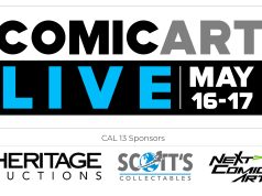 CAF Announces Successful Production of 13th Comic Art LIVE Comic Art Live event banner for May 16-17, with sponsors Heritage Auctions, Scott's Collectables, and Next Comic Art.