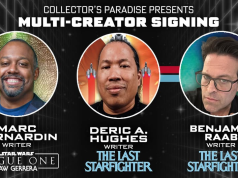 CA – Multi-Creator Signing | July 1st Promotional banner for Collector's Paradise Multi-Creator Signing featuring writers Marc Bernardin, Deric A. Hughes, and Benjamin Raab with their associated works listed.