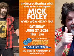 NH – Mick Foley Signing | June 27th Promotional image for a Mick Foley in-store signing at Double Midnight Comics & Collectibles, Manchester, NH, on June 27, 2026, featuring photos of Mick Foley and event details.