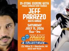 NH – Dino Thunder White Ranger Signing | July 11th Promotional poster for an in-store signing with Jeff Parazzo, White Ranger from Power Rangers Dino Thunder, at Double Midnight Comics in Manchester, NH on July 11, 2026, 11am–1pm.