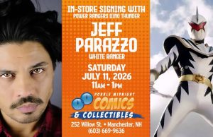 NH – Dino Thunder White Ranger Signing | July 11th Promotional poster for an in-store signing with Jeff Parazzo, White Ranger from Power Rangers Dino Thunder, at Double Midnight Comics in Manchester, NH on July 11, 2026, 11am–1pm.
