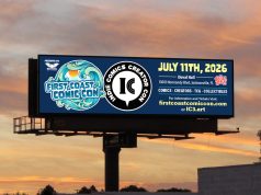 IC3@JAX is Only Two Weeks Away A digital billboard advertises First Coast Comic Con on July 11, 2026, at Duvall Hall in Jacksonville, FL, with event details and website links.