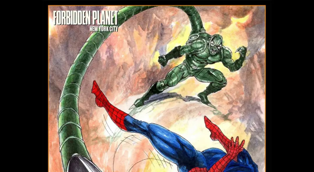NYC – Pablo Marcos Signing | June 28th Comic book illustration of Spider-Man fighting a green armored villain as a mechanical arm strikes. Event details for Pablo Marcos signing at Forbidden Planet are shown below.