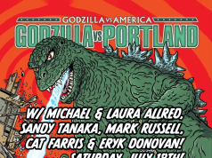 OR – Godzilla vs Portland Signing | July 18th Comic-style poster of Godzilla attacking a city with a person in a jetpack in front of a "Portland" sign; event details for a signing at Cosmic Monkey Comics are included.