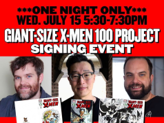 IL – Giant-Size X-Men 100 Project Signing | July 15 Promotional poster for a Giant-Size X-Men 100 Project signing event at Howling Pages in Chicago on July 15, featuring three men and comic book covers.