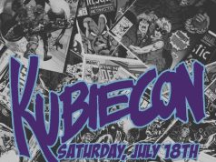 Kubie Con 2026 Returns on July 18th Overhead view of sneakers on a floor covered with comic books. The text "Kubiecon" and "Saturday, July 18th" is prominently displayed in bold letters.