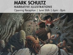 PA – Mark Schultz Exhibition Opening | June 26th A poster for Mark Schultz's "Narrative Illustrations" opening reception, featuring a fantasy scene with a woman holding a sword and lantern, fighting monsters with others.