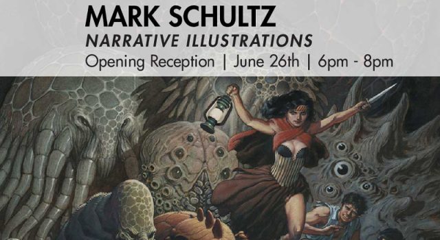 PA – Mark Schultz Exhibition Opening | June 26th A poster for Mark Schultz's "Narrative Illustrations" opening reception, featuring a fantasy scene with a woman holding a sword and lantern, fighting monsters with others.