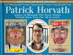 CA – Beneath the Trees Where Nobody Sees Signing | July 20th Promotional graphic for a Patrick Horvath book signing event, featuring his photo, two book covers, event details, and Now or Never Comics contact info.