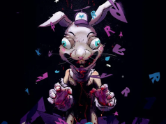 ON – Rascal Randy Signing | July 11th A cartoonish, wide-eyed, humanoid rabbit in a cap stands with outstretched claws, surrounded by floating purple shards and letters, against a dark background.