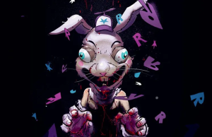 ON – Rascal Randy Signing | July 11th A cartoonish, wide-eyed, humanoid rabbit in a cap stands with outstretched claws, surrounded by floating purple shards and letters, against a dark background.